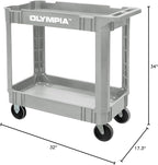 Olympia Tools 2-Shelf Plastic Utility Cart - Supports Up to 500 lbs, Ergonomic Handle - Heavy Duty Plastic Utility Cart - Great for Warehouse, Garage, Manufacturing, Cleaning (Grey)