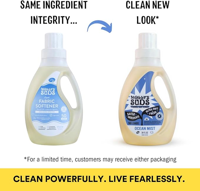 Molly’s Suds Fabric Softener Liquid for Sensitive Skin | Vinegar-Powered, Infused with Essential Oils | Fights Static, Reduces Wrinkles, Deodorizes | Ocean Mist, 50 Loads