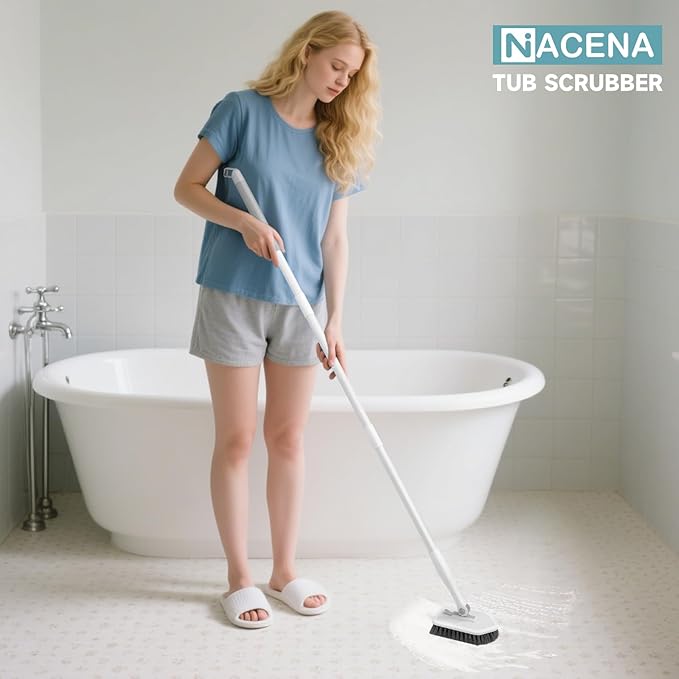 nacena Shower Scrubber with Long Handle, 3 in 1 Tile Tub Scrubber Brush with 3 Detachable Cleaning Heads Adjustable Handle Shower Cleaner Brush for Bathroom, Kitchen, Toilet, Wall, Sink, Grey White