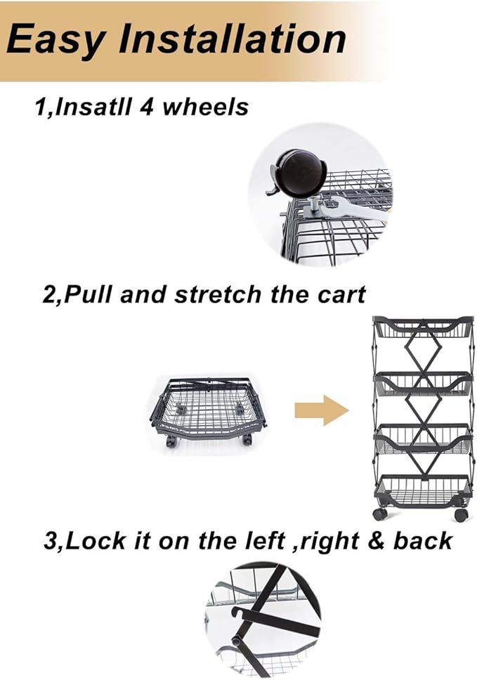 Rolling Rack Storage Cart, Foldable Metal Organizer with casters, Multi-Level Shelf for Kitchen, Office, Laundry, White 4-Tier 14.17" L x 10.71" W x 29.5" H