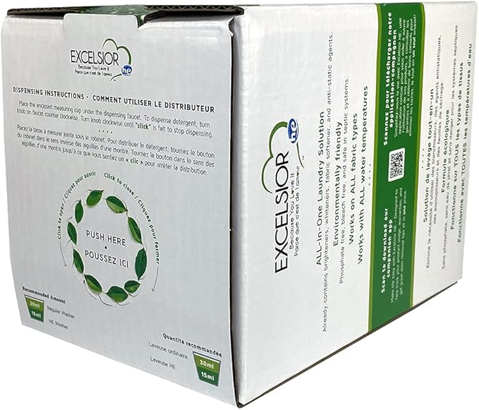 Excelsior Laundry Detergent with Stain Remover - Concentrated Liquid - Fresh Scent - Eco-Friendly, Biodegradable, Solvent, and Phosphate Free - for Standard and High-Efficiency Washers - 3 Liter Box…
