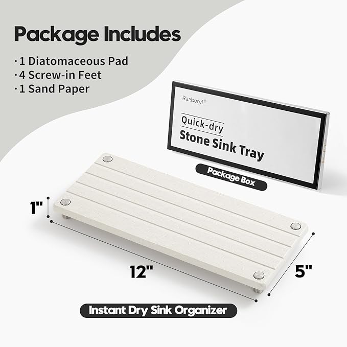 Instant Dry Sink Caddy Kitchen Sink Organizer, Quick Drying Stone Tray Diatomite Sponge Holder Soap Dish, Bathroom Countertop Fast Dry Water Absorbing Vanity Rack, Beige,12" x 5"