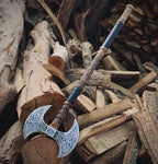 Hand Forged Double Headed Carbon Steel Axe – Bearded Battle Axe with Ash Wood Handle and Leather Sheath – Handmade Functional Gift for Him (DHA)