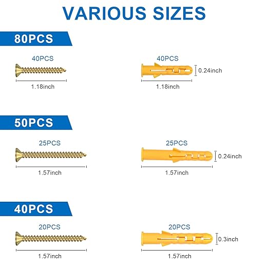 Aovchei Drywall Anchors Kit, 170pcs, 85 Plastic Drywall Anchors and 85 Philips Flat Head Screws, 3 Size #6 * 30#6 * 40#8 * 40, Wall Hanging Kit for Hanging Picture Frame, Shelf Brackets, Curtain Rod