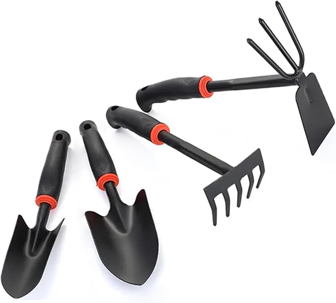 Arinasun Garden Tool Set, 4 Pieces， Including 2 Shovels,1 Rake, 1 Cultivator, Rust-Resistant lron Tools, Rubber Grip Handles