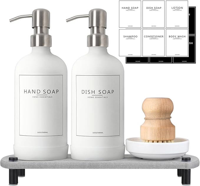 Kitchen Soap Dispenser Set with Instant Dry Tray,16 Oz Hand and Dish Soap White Glass Dispenser Set,Stainless Steel Pump,Waterproof Labels&Dish Brush,Luxury Soap Bottle for Kitchen,Bathroom