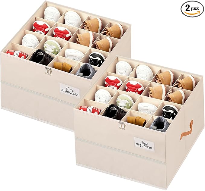 Shoe Organizer for Closet, Foldable Shoe Storage Organizer Containers with Clear Cover, Space Saving Shoes Holder with Handles, Beige (2, L)
