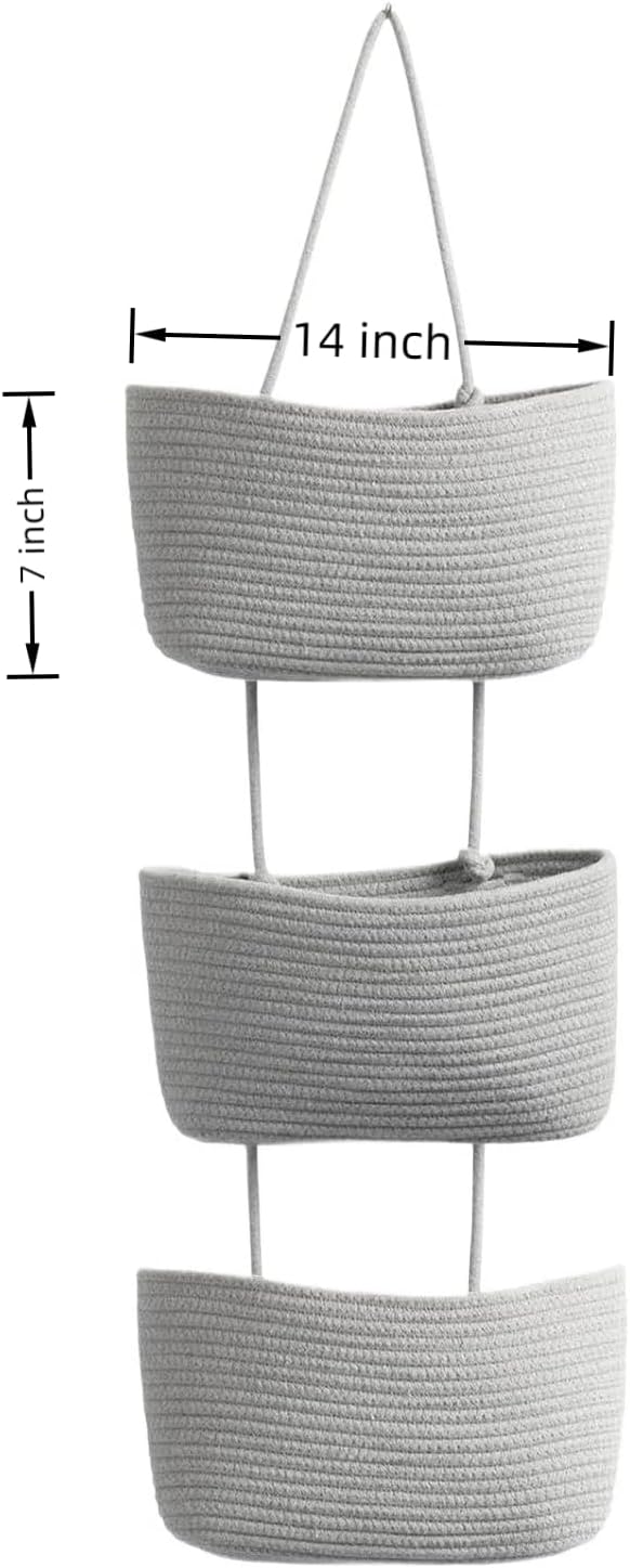 Hanging Baskets for Organizing,3-Tier Woven Cotton Wall-Mounted Storage Organizer Bag Decorative,Kitchen,Living Room,Bedroom,Nursery,Grey
