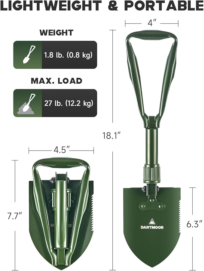 18.1" Military Style Foldable E-Tool, Small Compact Lightweight Survival Shovel, Entrenching Tool for Off Road, Folding Spade Collapsible Shovel for Camping, Hiking, Digging, Gardening, Green