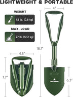 18.1" Military Style Foldable E-Tool, Small Compact Lightweight Survival Shovel, Entrenching Tool for Off Road, Folding Spade Collapsible Shovel for Camping, Hiking, Digging, Gardening, Green