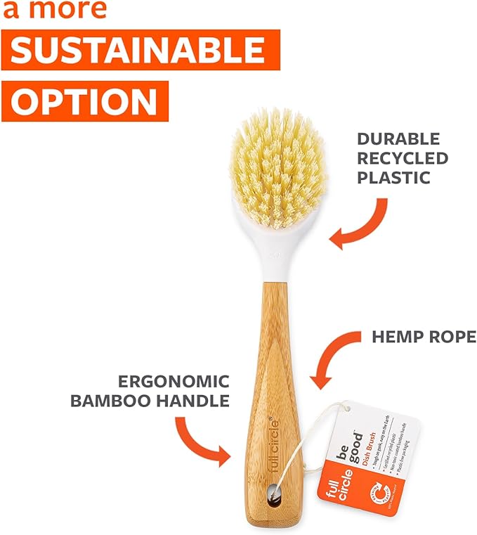 Full Circle Be Good Bamboo Handle Dish Brush – Sustainable Kitchen Cleaning with Tough Bristles - Natural Dish Scrubber & Cast Iron Cleaner - Long Handle Brush for Dishes, Pots, and Pans, White