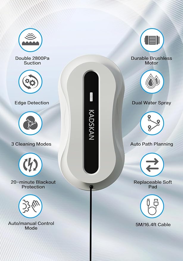 Window Cleaning Robot, Automatic Window Cleaner with Water Spray for Windows/Tiles/Class Door, Inside/Outside, 5600Pa Suction Power, 3.0 Path Planning, Remote Control