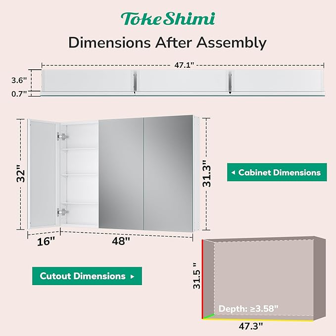 TokeShimi 48x32 Mirror with Stepless Adjustable Storage, Aluminum Tempered Bathroom Mirror Medicine Cabinet White, Frameless Farmhouse Medicine Cabinet for Recessed or Surface Mount Modern