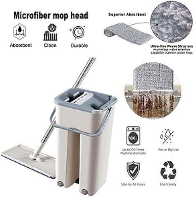 Heavy Quality Floor Mop with Bucket, Flexible Kitchen Tap Flat Squeeze Cleaning Supplies, 360° Flexible Quiet, 2 Reusable Pads, Microfiber, Adjustment Office Mop (Multicolour)