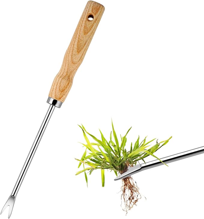 Metal Hand Cultivator Garden Tool with Wooden Handle，Manual Pitch Fork，Weed Digger Hand Tool (StyleA- 1 Pointed)