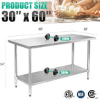STABLEINK NSF Stainless Steel Table 30 x 60 Inches 5ft Metal Prep & Work Tables with Adjustable Undershelf, for Commercial Kitchen, Restaurant, Hotel, Laundry Room and Garage