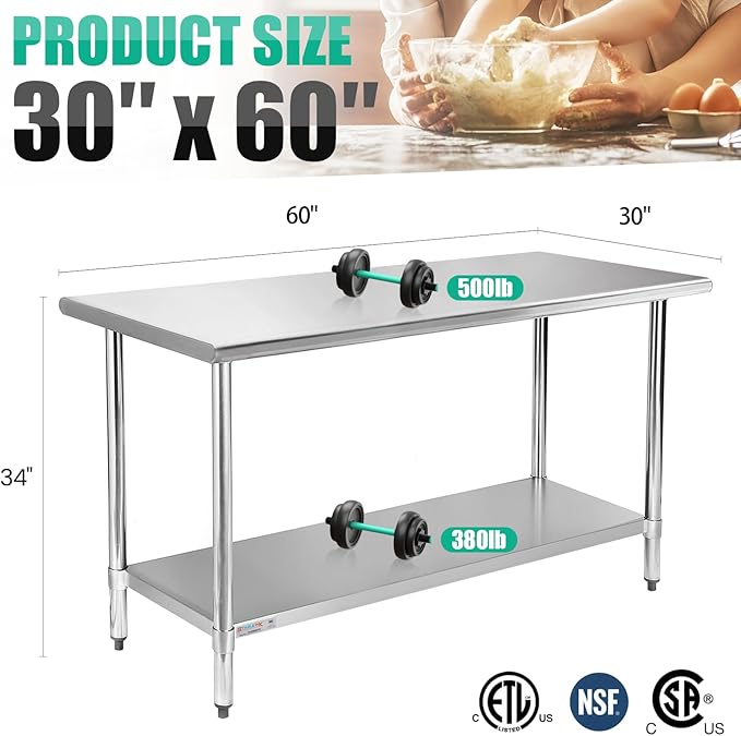 STABLEINK NSF Stainless Steel Table 30 x 60 Inches 5ft Metal Prep & Work Tables with Adjustable Undershelf, for Commercial Kitchen, Restaurant, Hotel, Laundry Room and Garage