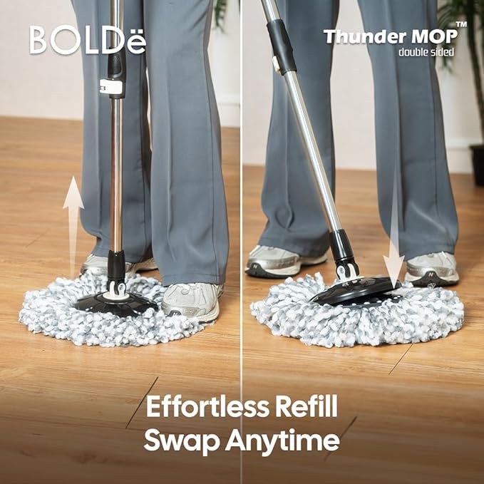 Thunder Mop Spin System - Double-Sided - 2 Compact Stackable 6L Buckets, Microfiber Head, Stainless Steel Wringer, Antifungal Quick-Dry Cleaning, Soap Dispenser, 3 Free Refills (Black/Grey)