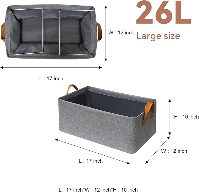 SNWDN 6 Pack Closet Cloth Storage Bins for Shelves,Large Storage Baskets for Shelves, Fabric Bins for Closet organization with Handles（Grey 17''L x 12''W x 10''H）