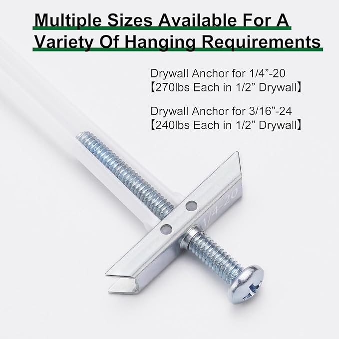 Drywall Anchor with Included Bolts for 1/4-20 Fastener Size, Wall Anchors Drywall Heavy Duty for TV Mounting, Hollow-Wall Anchors Screws Kit Holds Up to 270 Pounds Each in 1/2-in Drywall-100 Pack
