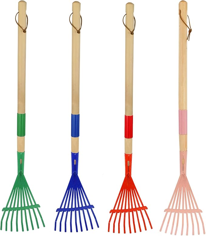 Kids Leaf Rake -Small Wooden Handle Leaf Rake with Metal Tines, 27inches /69cm Length, for Kids Enjoy Garden Cleaning Activities, 4 Pack