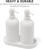 Matte White Soap Dispenser Set with Tray, 2 Pack 15oz Round Rustproof Liquid Hand Dish Soap Dispensers with Tray for Kitchen Sink, Countertop, and Bathroom