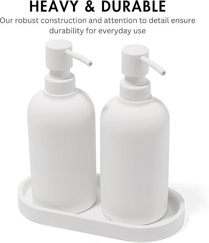 Matte White Soap Dispenser Set with Tray, 2 Pack 15oz Round Rustproof Liquid Hand Dish Soap Dispensers with Tray for Kitchen Sink, Countertop, and Bathroom