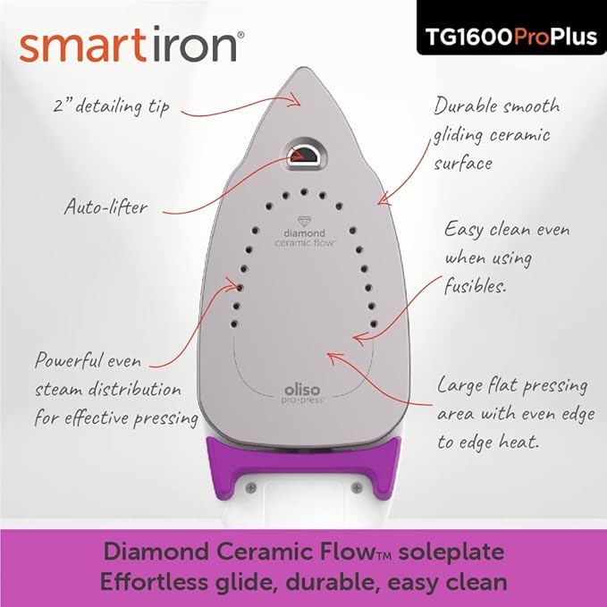 oliso TG1600 ProPlus Smart Iron with Auto-Lift – 1800 Watt Steam Iron for Clothes, Sewing, Quilting & Crafting – Diamond Ceramic-Flow Soleplate, Orchid