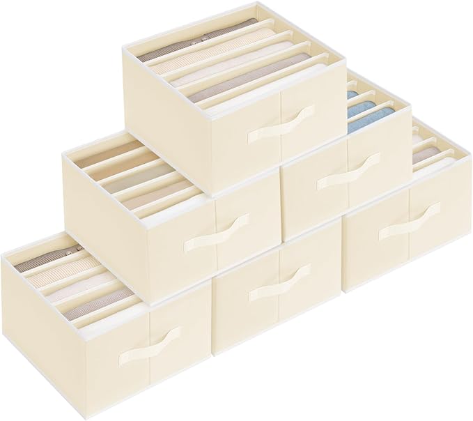 Clothes Organizers and Storage - Fabric Jeans Organizer with Handles, Foldable Drawer Dividers for Clothes, Closet Shelf Organizer for Shirts, Bra, Sweater, Scarf, 6 Pack, Pale Yellow