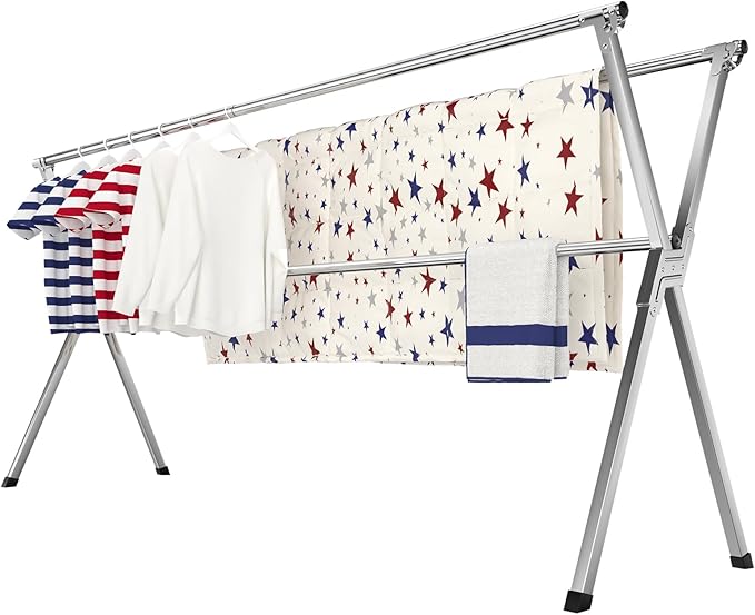 Clothes Drying Rack, Heavy-Duty Folding Laundry Drying Rack for Indoor Outdoor Use, 50.4-78.7" Extendable Stainless Steel, Space-Saving Design, Foldable Freestanding Airer