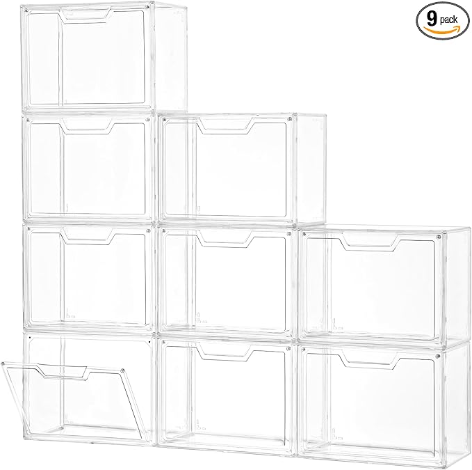 Stackable Storage Bins, Clear Acrylic Display Case, 9-Pack Acrylic Boxes with Lids, Clear Storage Containers Storage for Handbags, Collectibles & Figures