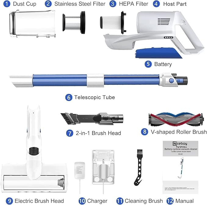 whall Cordless Vacuum Cleaner, Lightweight Stick Vacuum with 55mins Runtime, Powerful Suction, Rechargeable Cordless Vacuum for Carpet, Tile, Pet Hair, Hardwood Floors,Brushless Motor.Cyan