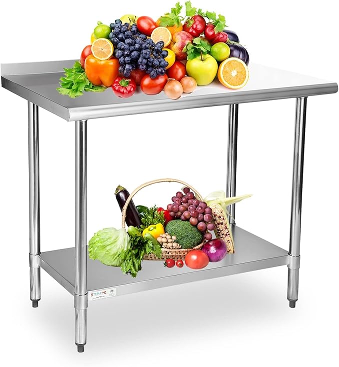 STABLEINK NSF Stainless Steel Table, 24 x 36 Inches Metal Prep & Work Table with Backsplash, Adjustable Undershelf and Table Foot, for Commercial Kitchen, Restaurant (Without Caster Wheels)