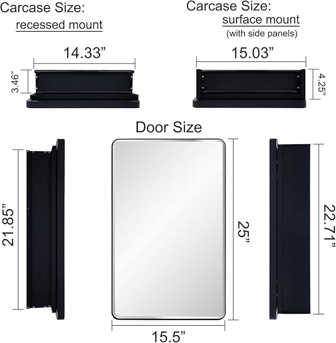 Black Bathroom Mirror Medicine Cabinet with Round Corner Framed Door and Beveled Edge Mirror 15 x 25 inch, Recessed or Surface Mount, with Adjustable Glass Shelves