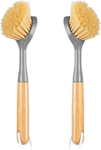 2 Pack Dish Brushes with Bamboo Handle, Kitchen Dish Scrubber Built-in Scraper, Scrub Brush for Pans, Pots, Counter & Kitchen Sink Cleaning, Dishwashing and Cleaning, Perfect Cleaning Tools, Gray
