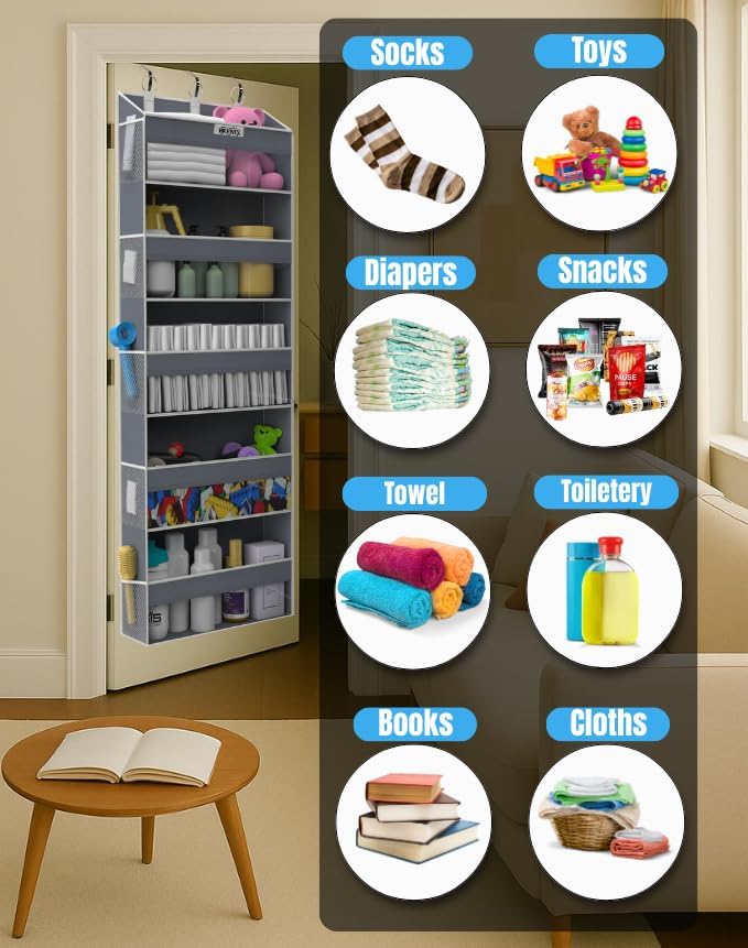 Over the Door Organizer with 5 Large Pockets & 10 Mesh Side Pockets – Durable Hanging Storage for Closet, Bathroom, Bedroom, and Pantry – Space Saving Door Storage with Sturdy Metal Hooks.
