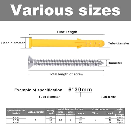 Drywall Anchors Kit 60 pcs 304 Stainless Steel Philips Flat Head Screws and 60 pcs Plastic Anchors for Concrete, Drywall, Brick, and Heavy Hanging Mounting, 3 Size M6 x 30mm/ 40mm/ 60mm