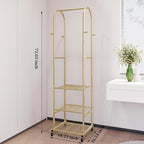 Clothes Rack With Wheels and 3-Tier Metal Shelves,Clothing Rack For Hanging Clothes With 4 Hooks,Garment Rack Wardrobe Organizer for Small Space,Black (gold, 16.54 * 18.23 * 72.05)