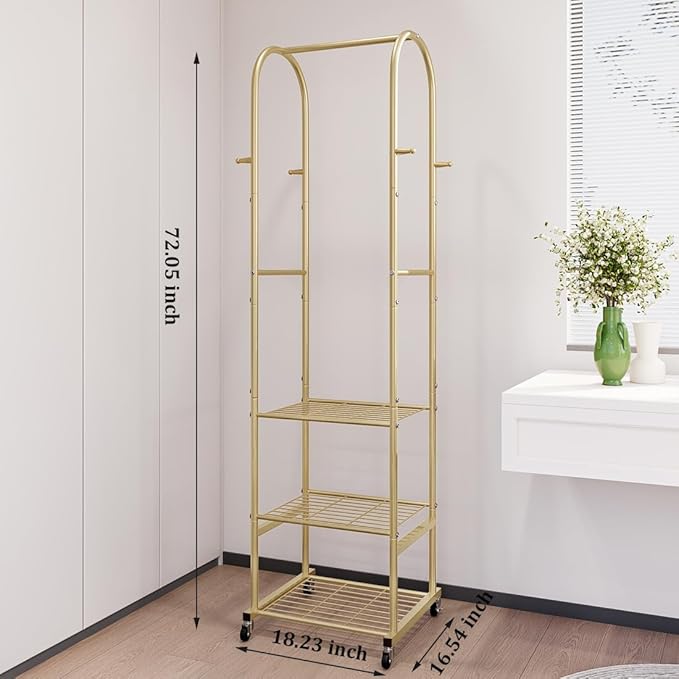 Clothes Rack With Wheels and 3-Tier Metal Shelves,Clothing Rack For Hanging Clothes With 4 Hooks,Garment Rack Wardrobe Organizer for Small Space,Black (gold, 16.54 * 18.23 * 72.05)