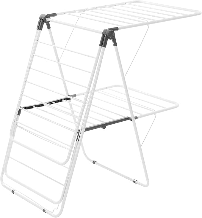 VEVOR Clothes Drying Rack, 2-Tier Foldable Laundry Dryer Rack with Sock Clips & 31 Dry Rods, Metal Height Adjustable Drying Racks for Outdoor & Indoor, Free-Standing & Space-Saving Hanger, White
