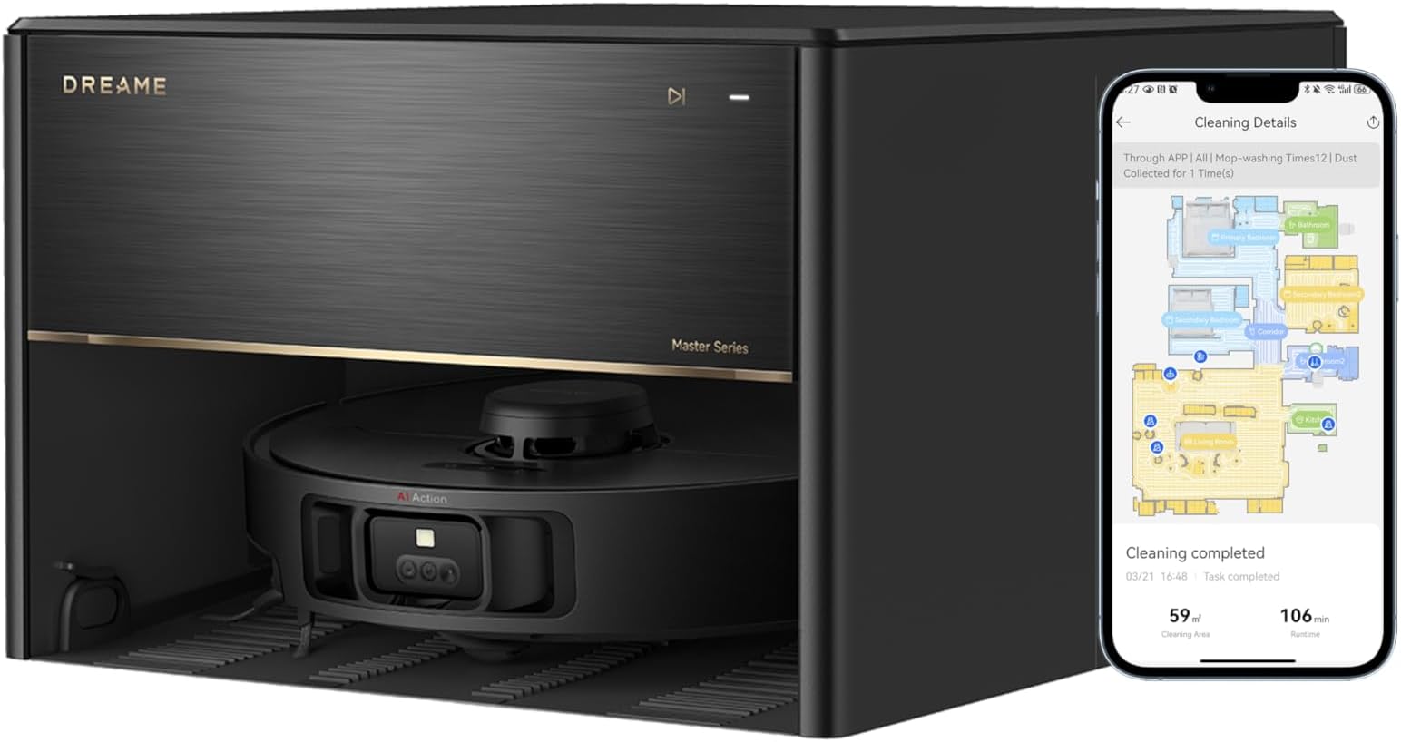 DREAME X40 Master Robot Vacuum Cleaner, 12,000Pa Suction, Auto Refilling & Draining, Smart Navigation, Mop Self-Cleaning, Pet-Friendly, 11 inch Compact Base, Alexa/Siri/Google Home Compatible