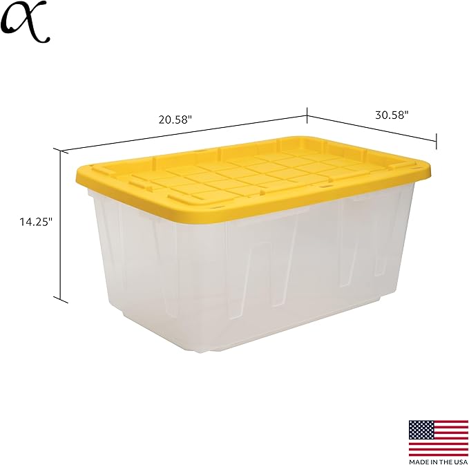 CX BLACK & YELLOW, 27-Gallon Heavy Duty Clear Storage Container & Snap-Tight Lid, Clear & Yellow (14.3H x 20.6W x 30.6D), Weather-Resistant, Stackable, See-Through Organization Tote [2 Pack]
