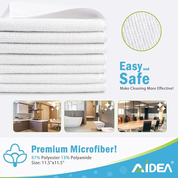 AIDEA White Microfiber Cleaning Cloth 24PK, Absorbent Cleaning Rags for Housekeeping, Lint Free, Scratch Free Wash Cloths, Microfiber Towels, Dish Towels White, Bar Rags, 11.5"x 11.5"