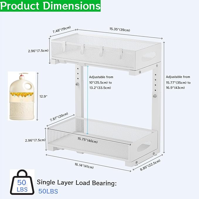 Under Sink Organizer, 2-Tier Pull Out Cabinet Organizer with Adjustable Height, Use in Kitchen Bathroom Cabinet and Countertop Storage, White, 2-Pack