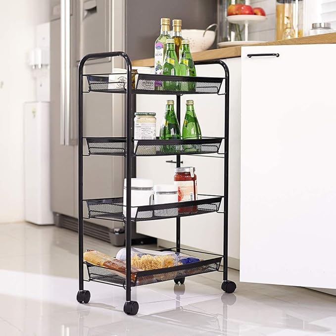 JANE EYRE Rolling Utility Storage Rack Cart on Wheels, Trolley Carft cart, Multi-Purpose Organizer Shelf (Black, 4 Tier)…