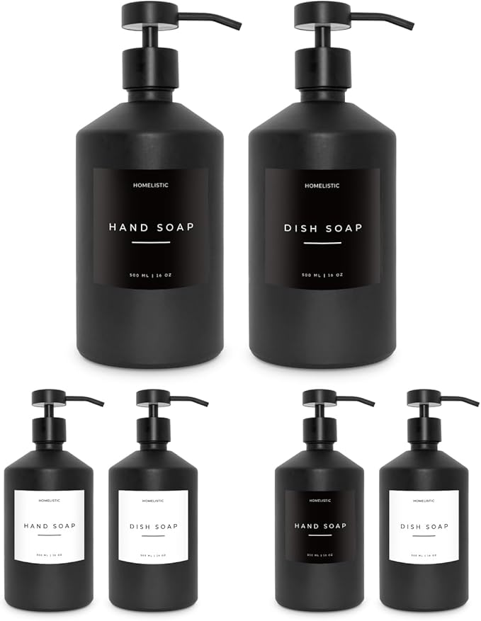 Luxury Glass Soap Dispenser Set of 2 - Elegant Glass Bottles with Matte Black Pumps, Ideal for Kitchen and Bathroom for Hand and Dish Soaps