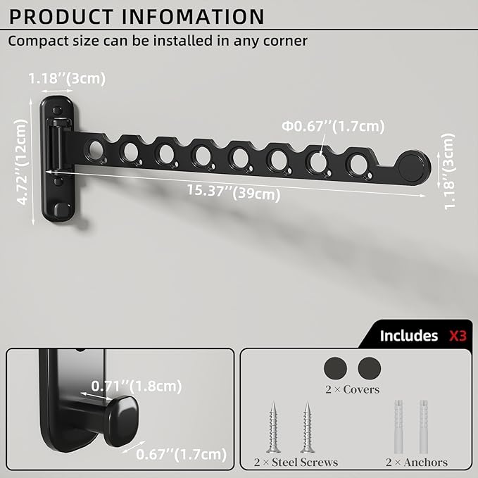 Wall Mounted Clothes Hanger Rack Foldable Drying Rack Hook Folding Indoor for Laundry Room Organization Bedroom Collapsible Racks Perfect for Small Spaces, 8 Hole Black 2 Packs