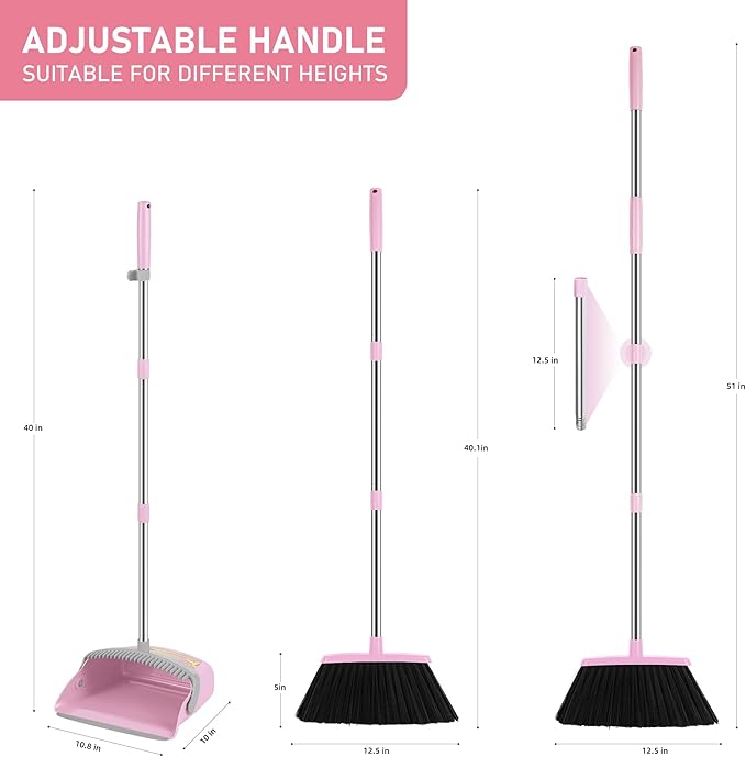 Broom and Dustpan Set, 54” Long Adjustable Handle Broom with Dustpan Combo Set Heavy Duty with Dust Pan Teeth to Clean Hair for Home Lobby Office (Medium Pink)