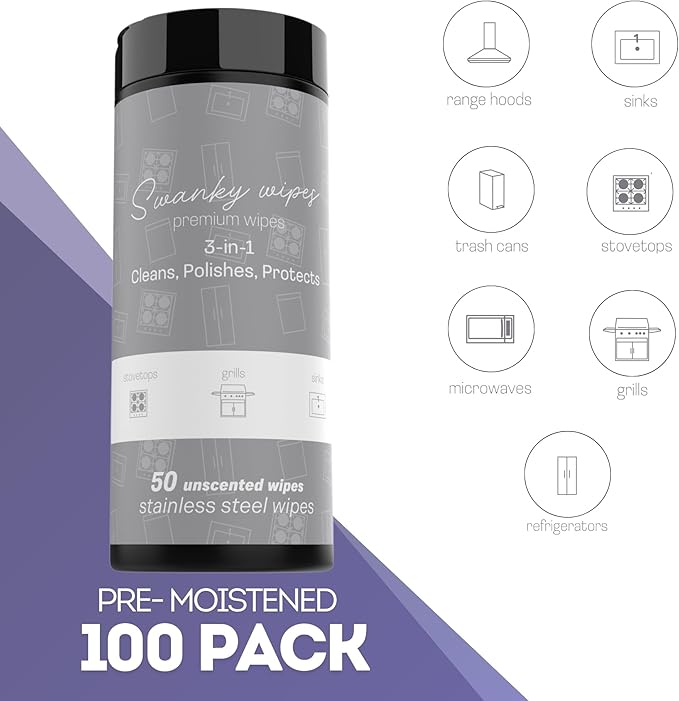Swanky Stainless Steel Cleaner Wipes - Grime & Grease Remover Kitchen Cleaning Supplies - Clean & Shine, For Stove Top, Refrigerator, Sink, Oven, & Household Appliances - Canister, 100 Count