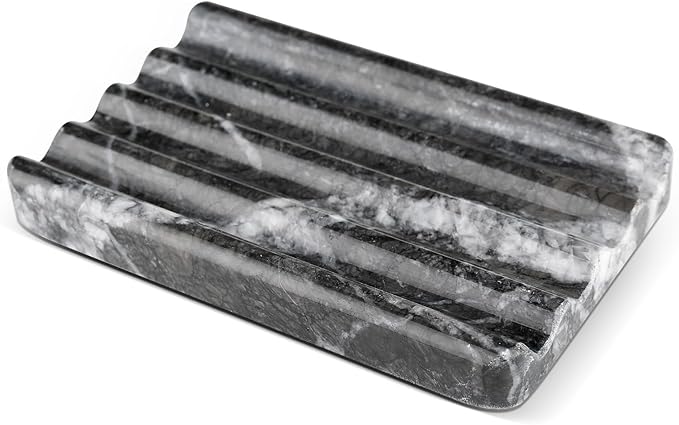 Marble Soap Dish, Bar Soap Holder Shower, Black Soaps Bathroom Saver with Water Ripple Design, Easy Cleaning Natural Stone Sponge Holder for Kitchen Sink, Executive Jewelry Ring Tray